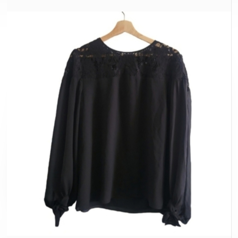 MELANIE LYNE Black Lace Yoke Chiffon Blouse Victorian-inspired Sz US 14